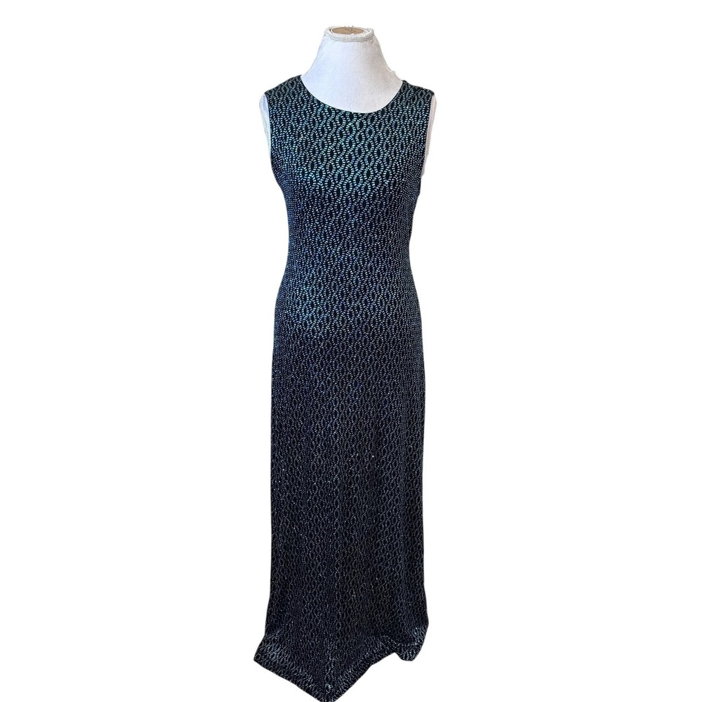 Vintage 90s Ronni Nicole Glitter Maxi Gown 12 Black Teal Glam Evening Formal